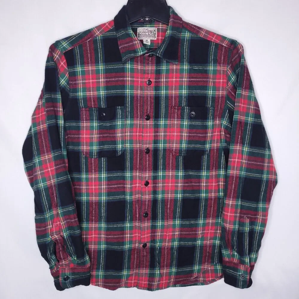 J Crew Flannel Shirt Mens Medium Plaid Red, Green Mid Weight Double Brushed